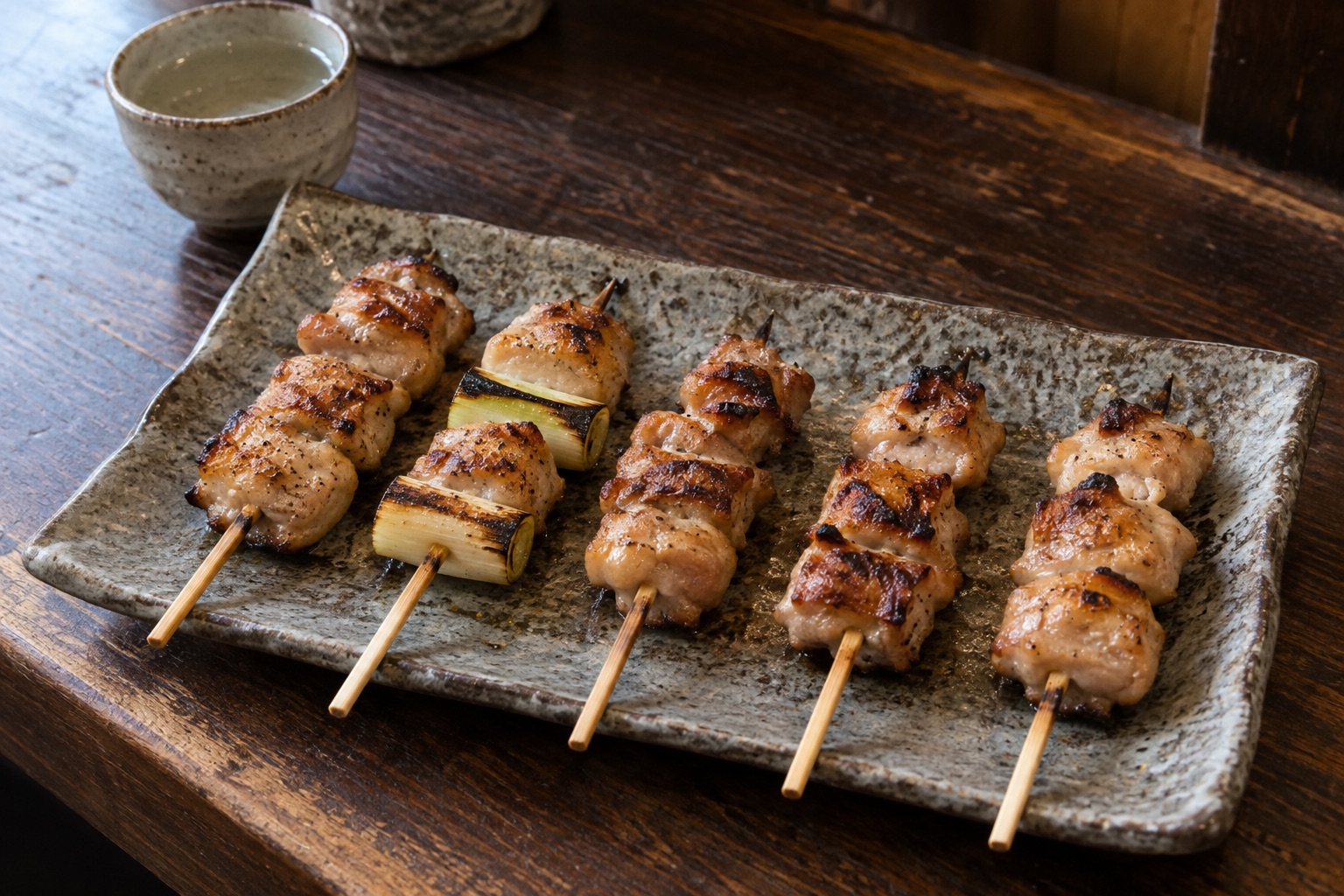 陶器の皿に盛った炭火焼き鳥五本のイメージ