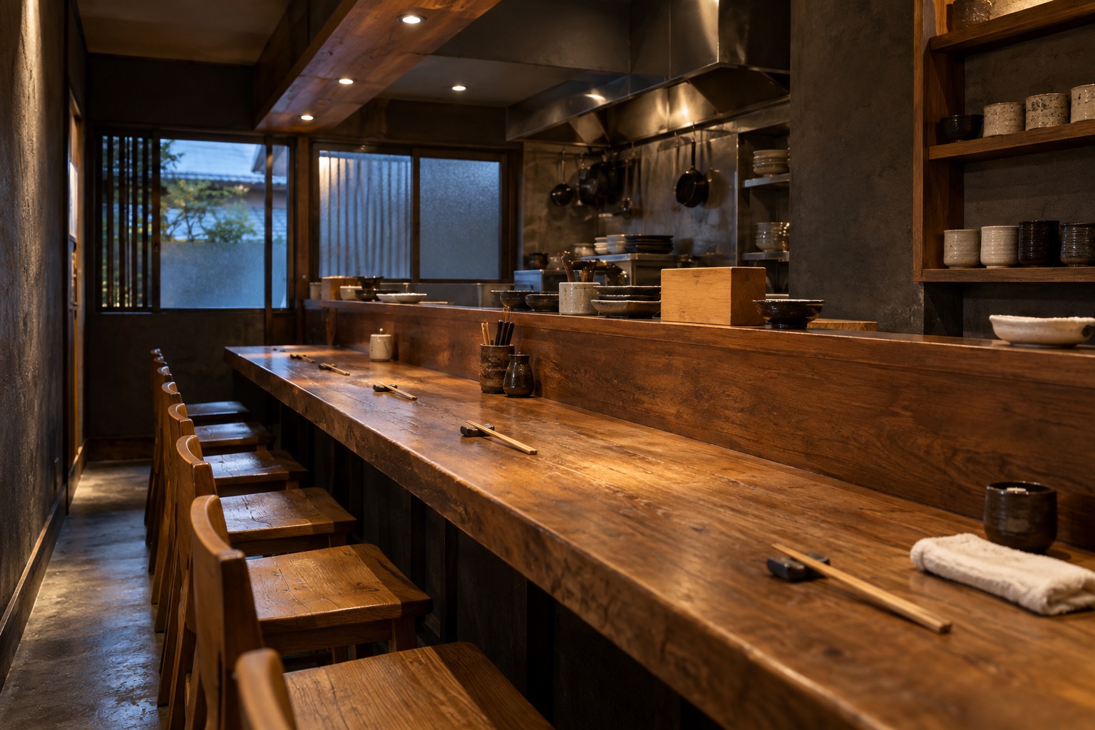 木のカウンターとやわらかな照明のある和食居酒屋の店内イメージ