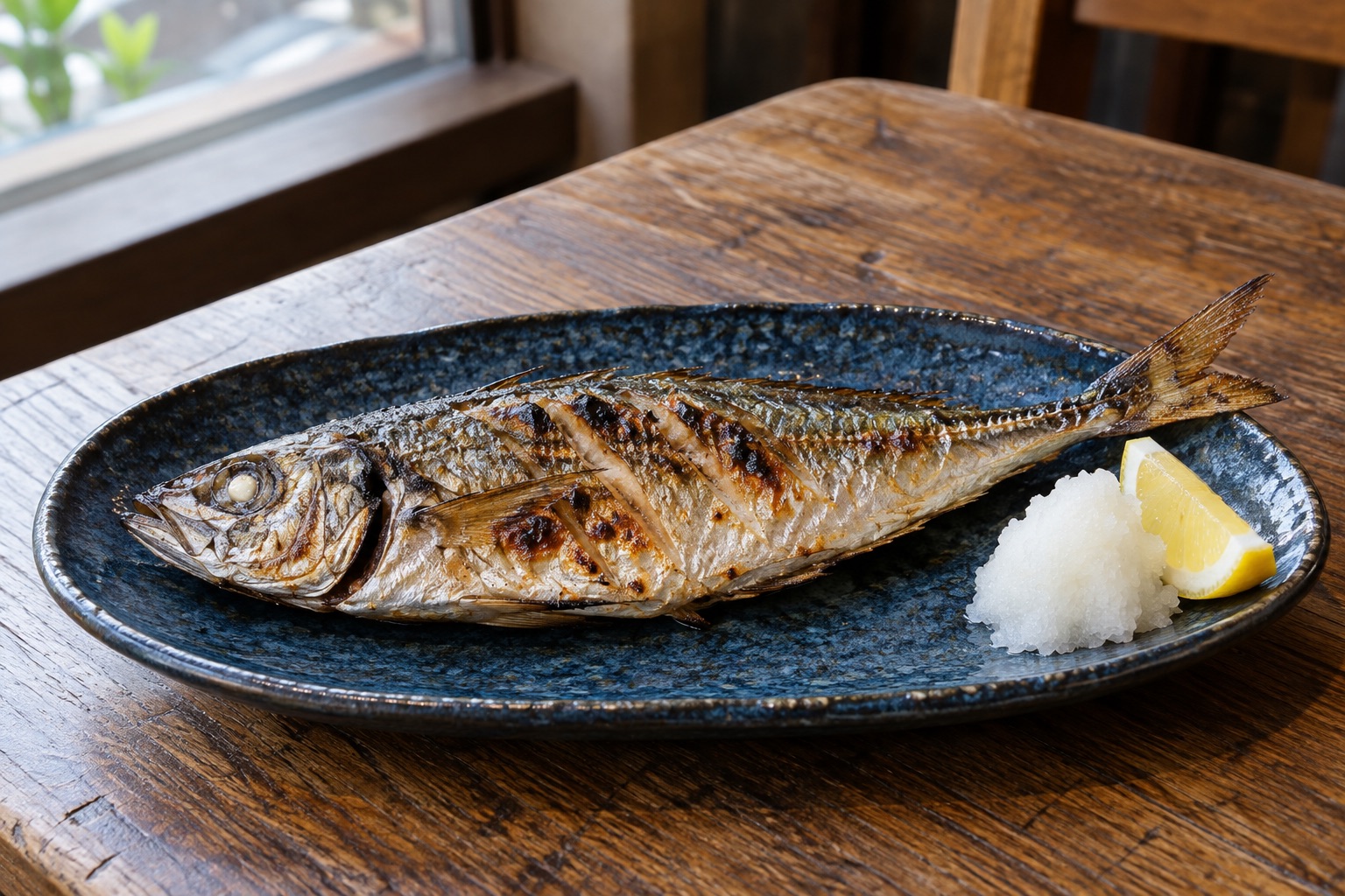 香ばしく焼いた魚に大根おろしとレモンを添えたイメージ